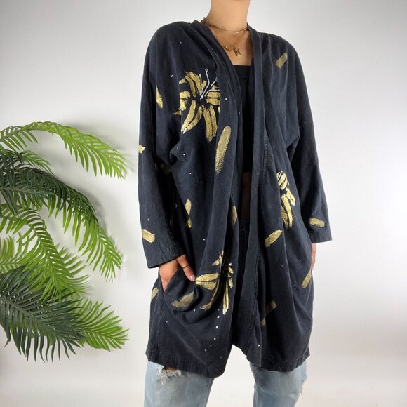 Vintage 80s 90s Black Floral Painted Retro Grunge Artsy Oversized Cardigan / 3X - Picture 3 of 8
